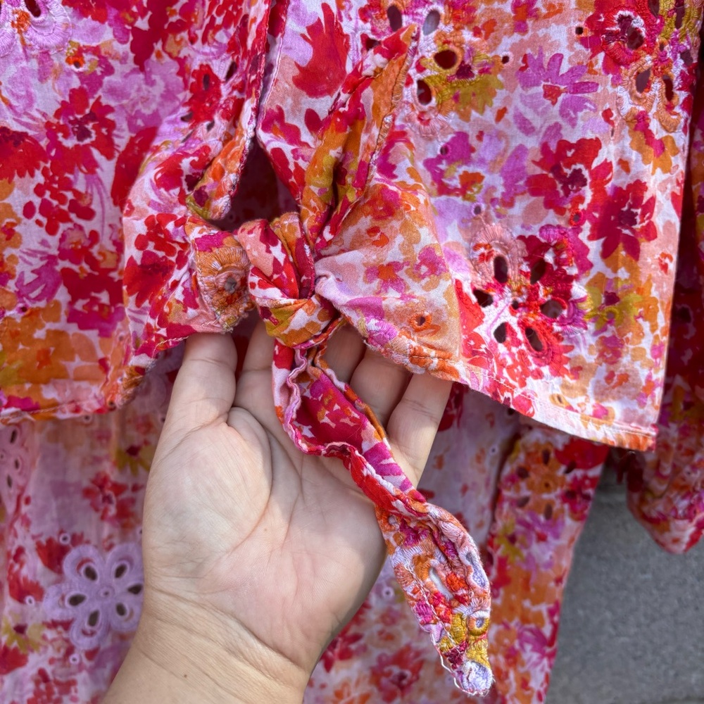 Anthropologie Maeve Tie Front Longline Floral Eyelet Blouse - Picture 5 of 13